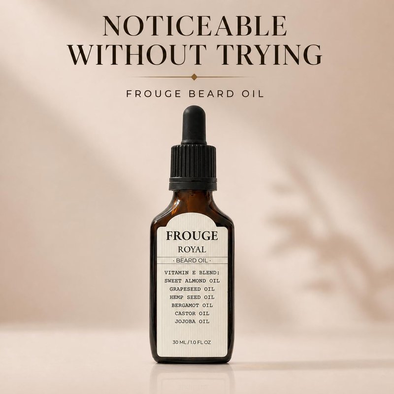 Frouge Beard Oil for Men Growth – Luxury Scented Beard Growth Oil with Argan Oil, Jojoba & Almond Oils – Lightweight Non-Greasy Beard Oil, Softens & Strengthens Beard – 30ml