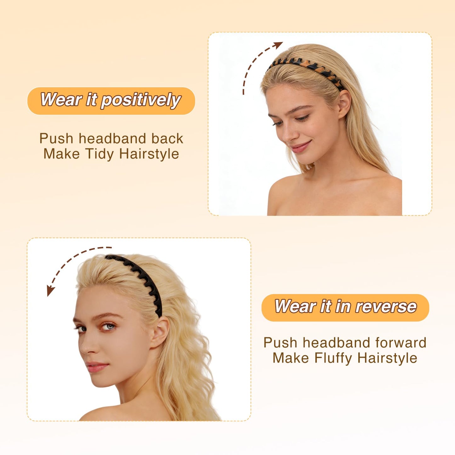 lumitrail 2pcs Silicone Comb Headbands for Women Non Slip, No Headache Headband with Teeth for Girls, Soft Head Bands for Women's Hair (Tortoise & Black)