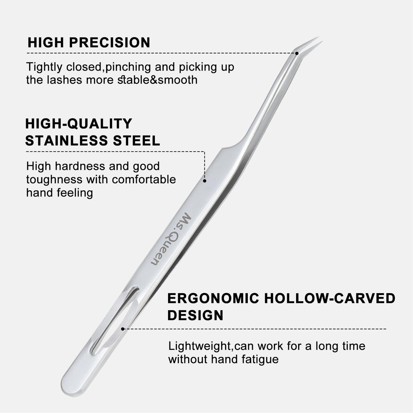 Ms.Queen Lash Tweezers for Eyelash Extensions,Professional Fine Tip 45 Degree Lash Tweezers for Volume Lash Extensions