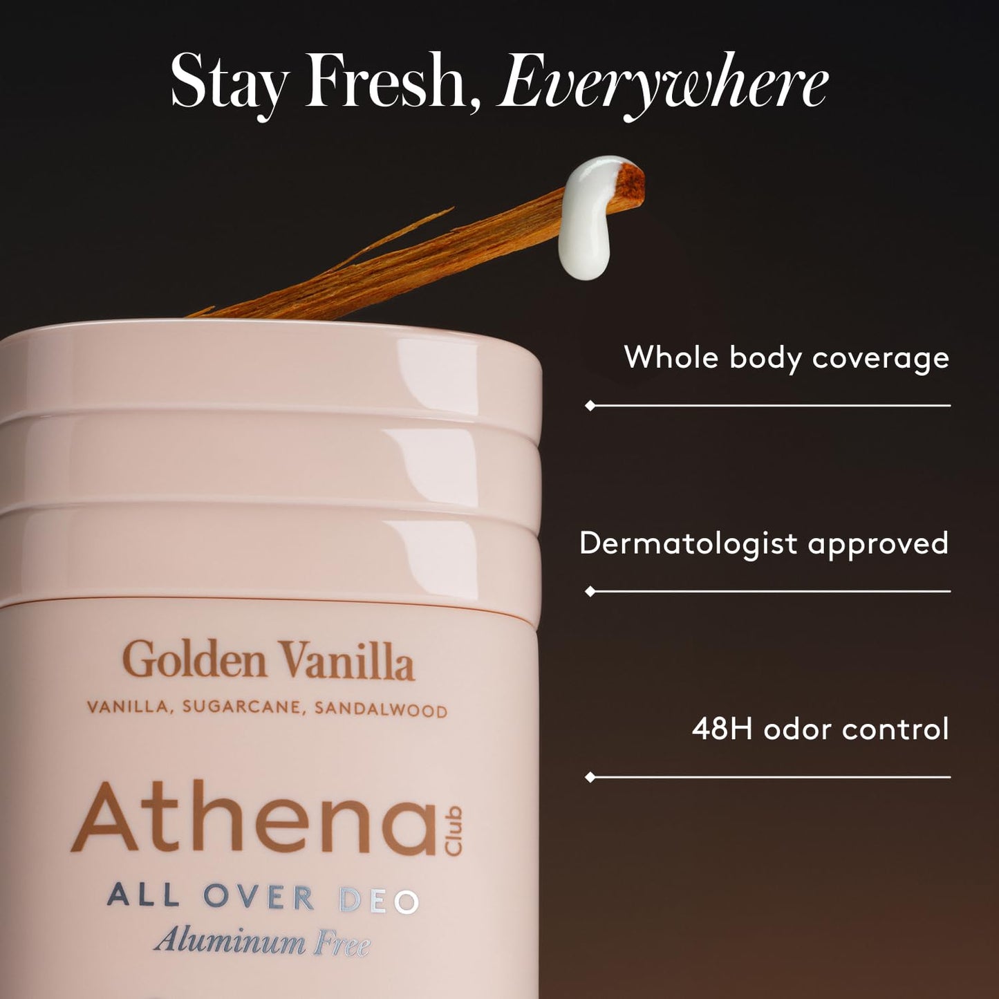Athena Club All Over Deo Natural Deodorant Stick for Women, Aluminum Free Whole Body Deodorant, 48 Hour Odor Protection, Goes On Clear, Golden Vanilla Scent, 2.6 oz