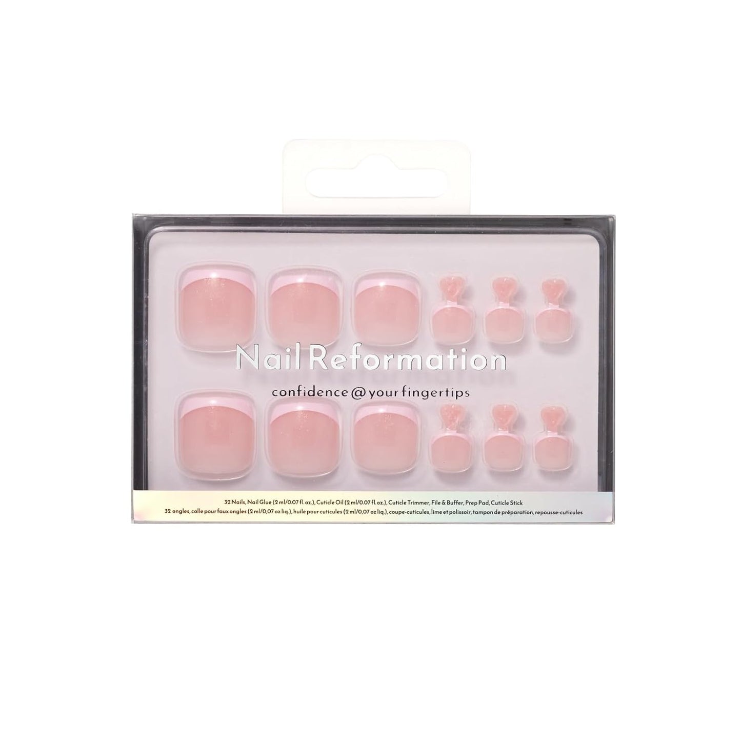 Press On Toenails - Ballet Pink Sheer Shimmer Short Square Fake Nails | Reusable Pedicure Kit, 32 Pcs in 16 Sizes for Summer