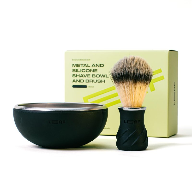 Leaf Shave | Leaf Bowl and Brush Set, Stainless Steel and Silicone Grooming Bowl with Lather Brush, Compatible with Shave Soap Bars and Refills - Black