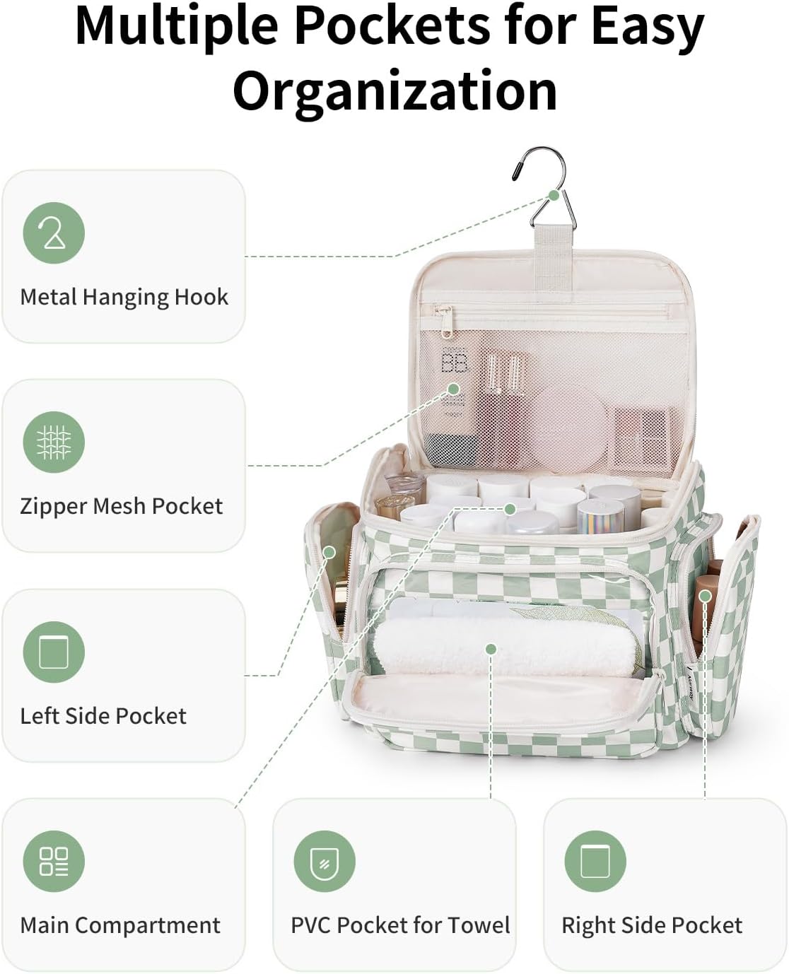 Narwey Travel Toiletry Bag - Wide Open Makeup Organizer with Wet Pocket | Green Checkerboard