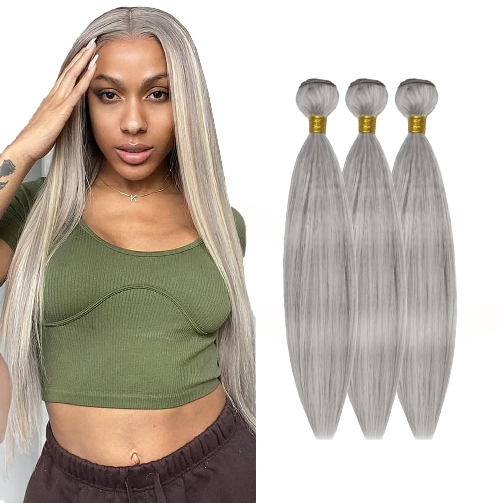 30 32 34 Inch Silver Bundles Human Hair Grey Straight Bundles Brazilian Virgin Remy Hair Extensions Double Weft 2 Tone Gray and Blonde Straight Bundle Hair Weave