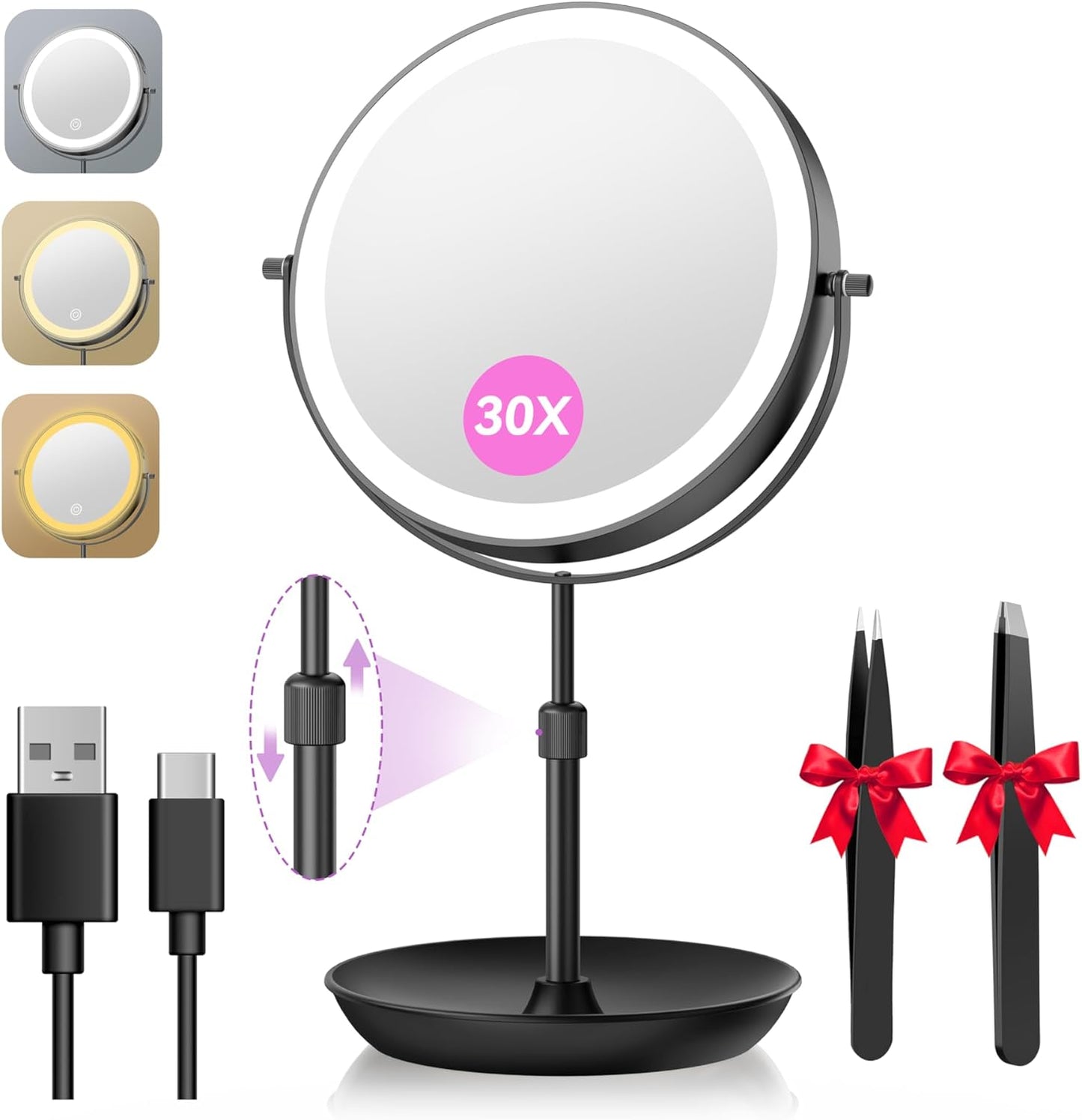 Large Lighted Makeup Mirror - 9" Double-Sided 1X/30X Magnification, Adjustable Height, Rechargeable with 3 Color Dimmable Lights | 360° Rotation
