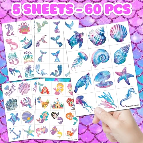 60 PCS Purple Mermaid Temporary Tattoos for Kids' Parties