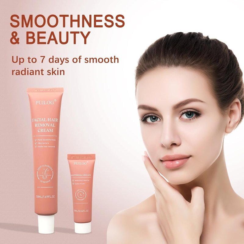 Gentle Facial Hair Removal Cream Kit for Women Face Sensitive Skin - Painless Depilatory Cream for Upper Lip Chin with Soothing Cream & Spatula, 4 Min Flawless At-Home Hair Remover, 2.37 Fl.Oz