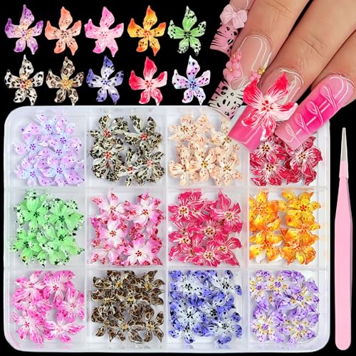 Pink Flower Nail Charms 120pcs Hawaii Hibiscus Nail Rhinestones for Summer Nail Art