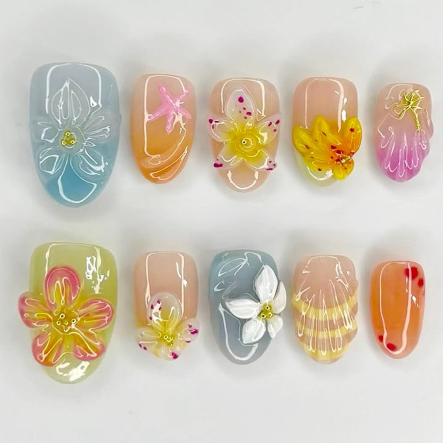 French Tip Press-On Nails - 24 Pcs Medium Almond 3D Flower Design | Glossy Acrylic Full Cover with Gold Pearl Accents