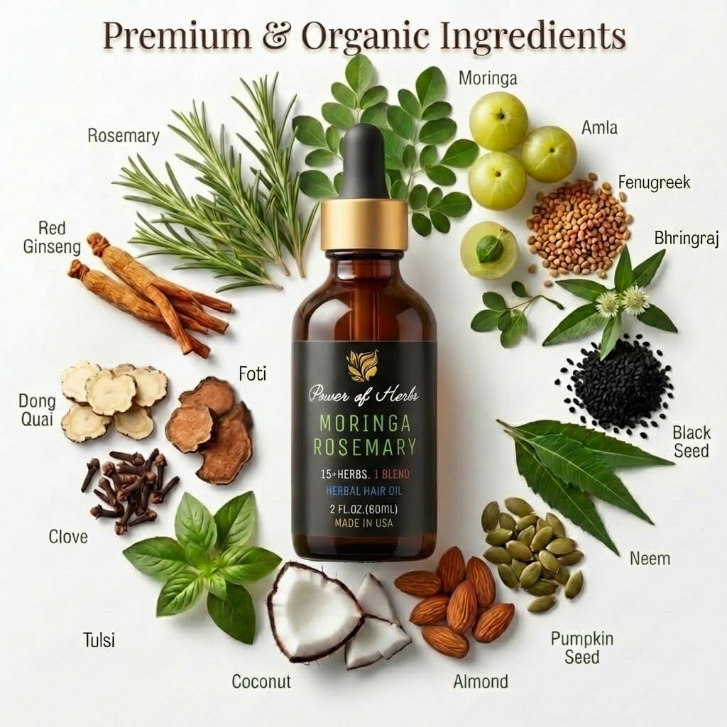 Moringa Rosemary Hair Oil with Amla, Bhringaraj, Pumpkin seed, Almond, Neem, Fenugreek, Infused with Biotin & Vitamin E, Reduces Hair Fall & Thinning, Supports Growth & Scalp Nourishment, Made in USA