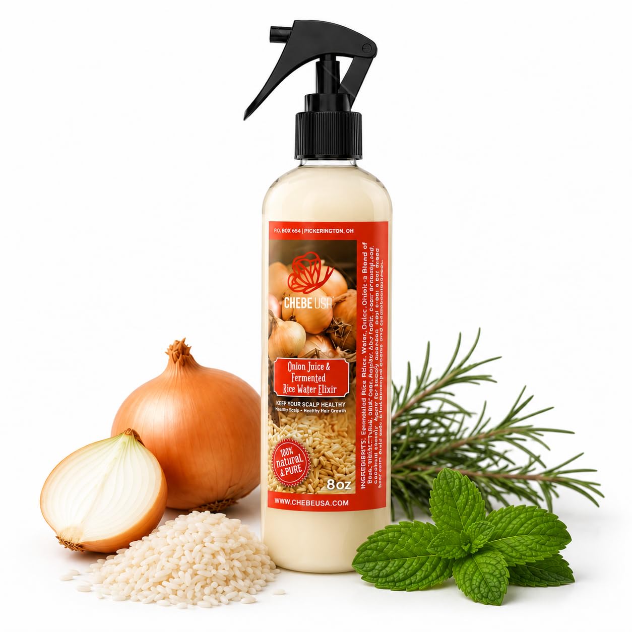 Fresh Onion Juice & Rice Water Hair Growth Spray with Rosemary & Mint (4 oz)– Strengthens Roots, Reduces Hair Fall, Promotes Thicker, Fuller Hair–Natural Scalp Treatment for Men & Women