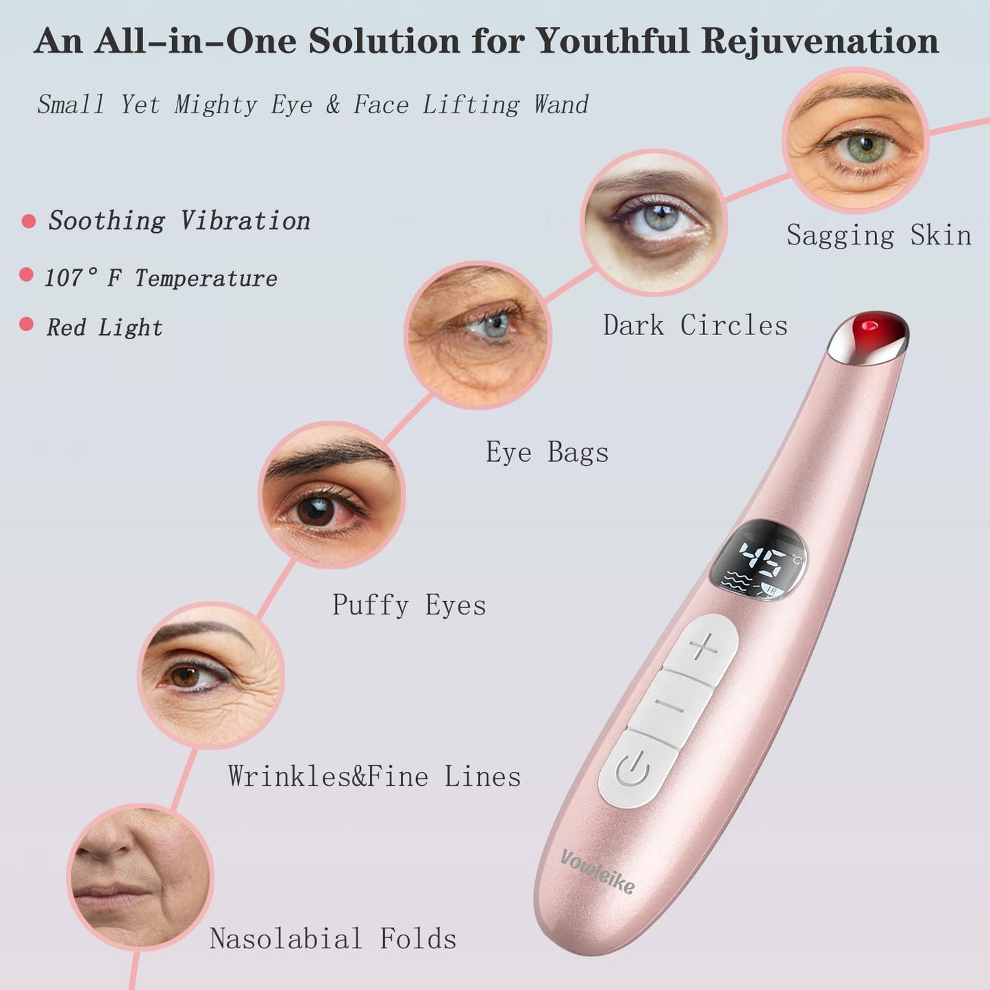 Vowleike Eye Lift Wand, 3 in 1 Vibrating 98°F to 113°F LCD Eye Massager for Dry Eyes, Dark Circles and Puffiness, Face & Neck Lifting Tool for Fine Lines and Wrinkles, Rose Gold