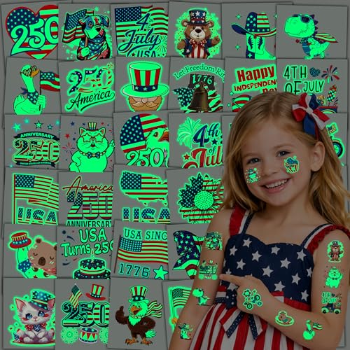 108PCS 4th of July Temporary Tattoos Kids, 250th Anniversary USA Glow in the Dark Fourth of July Birthday Decorations for Patriotic Party Favors, Red White and Blue Accessories Gifts Independence Day