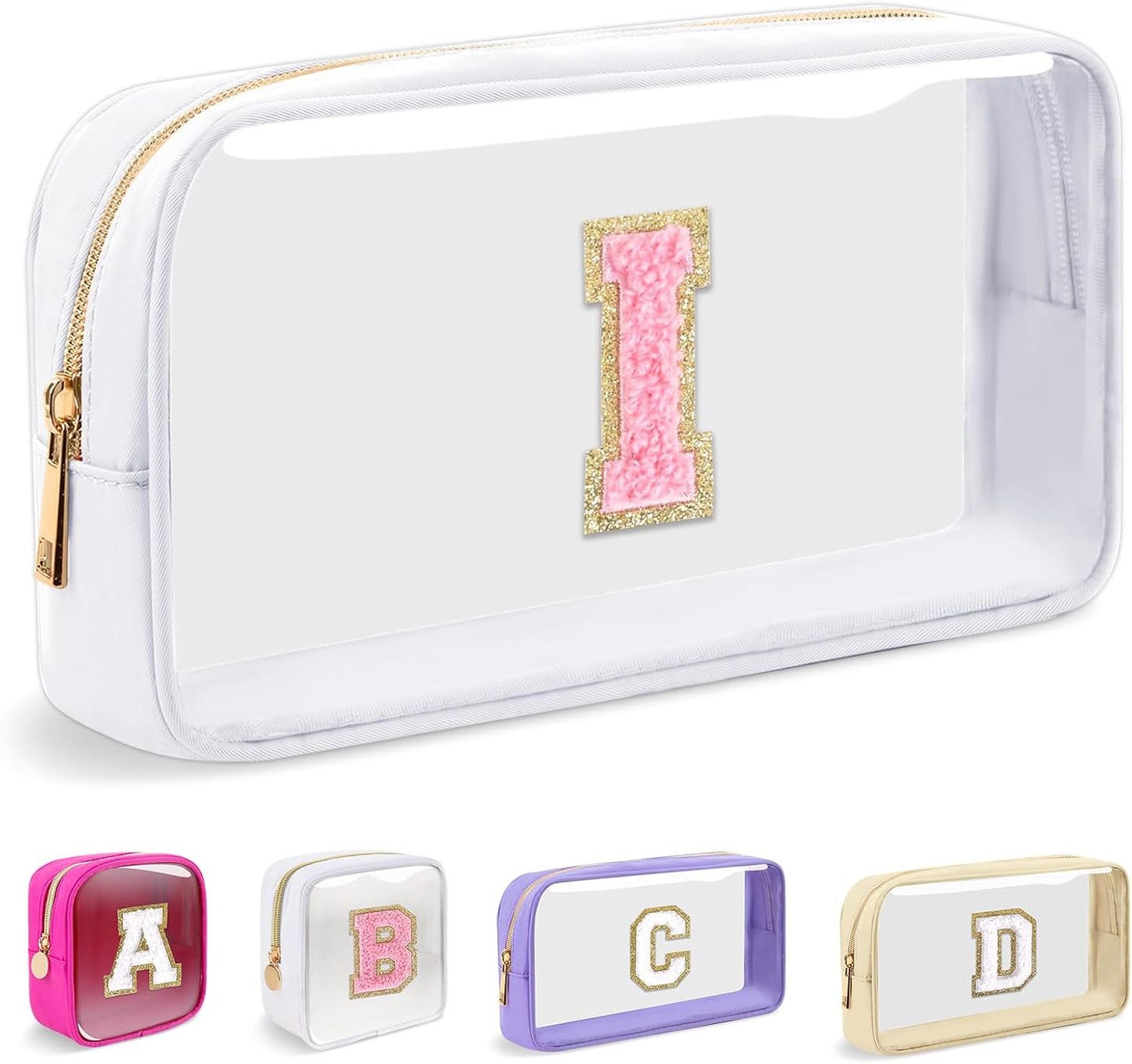 Personalized Initial Makeup Bag - Waterproof Nylon Cosmetic Pouch | A-Z Chenille Letter Patch, White-Pink G