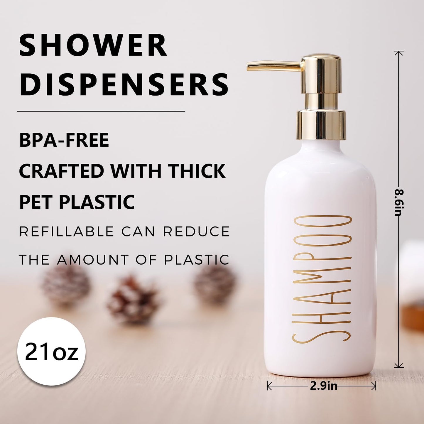 Shampoo and Conditioner Dispenser Set - 21oz Refillable Pump Bottles for Shower | Gold Finish