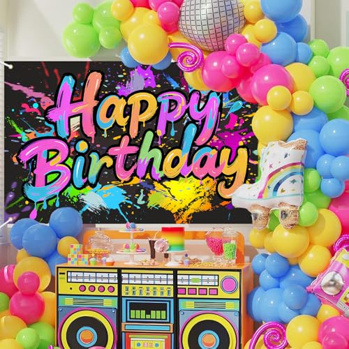 Neon Birthday Banner Backdrop - 72x43 Inch Glow in The Dark Decoration