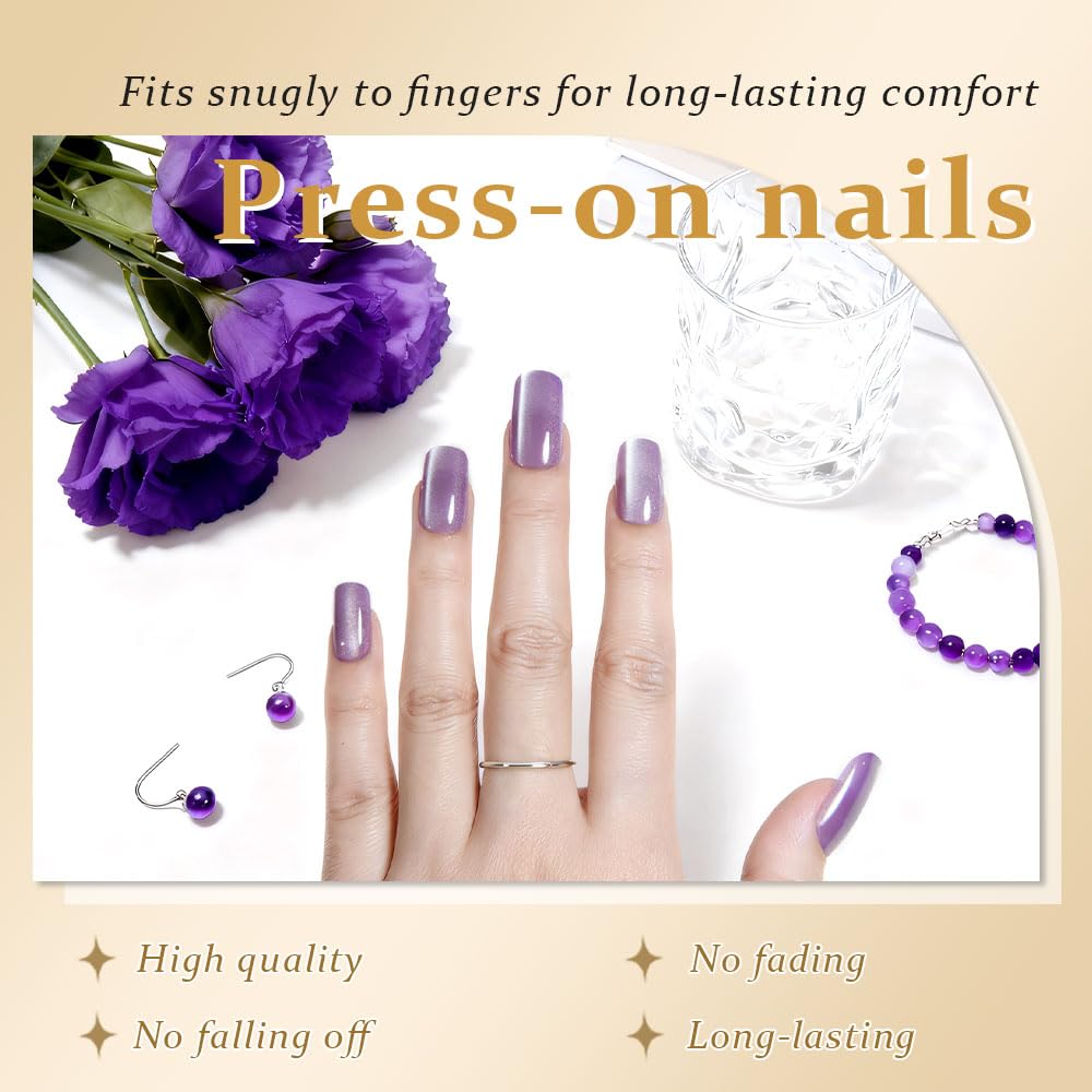 Cat Eye Press-On Nails - Lavender Purple Medium Square | Reusable Gel Acrylic with Holographic Glitter