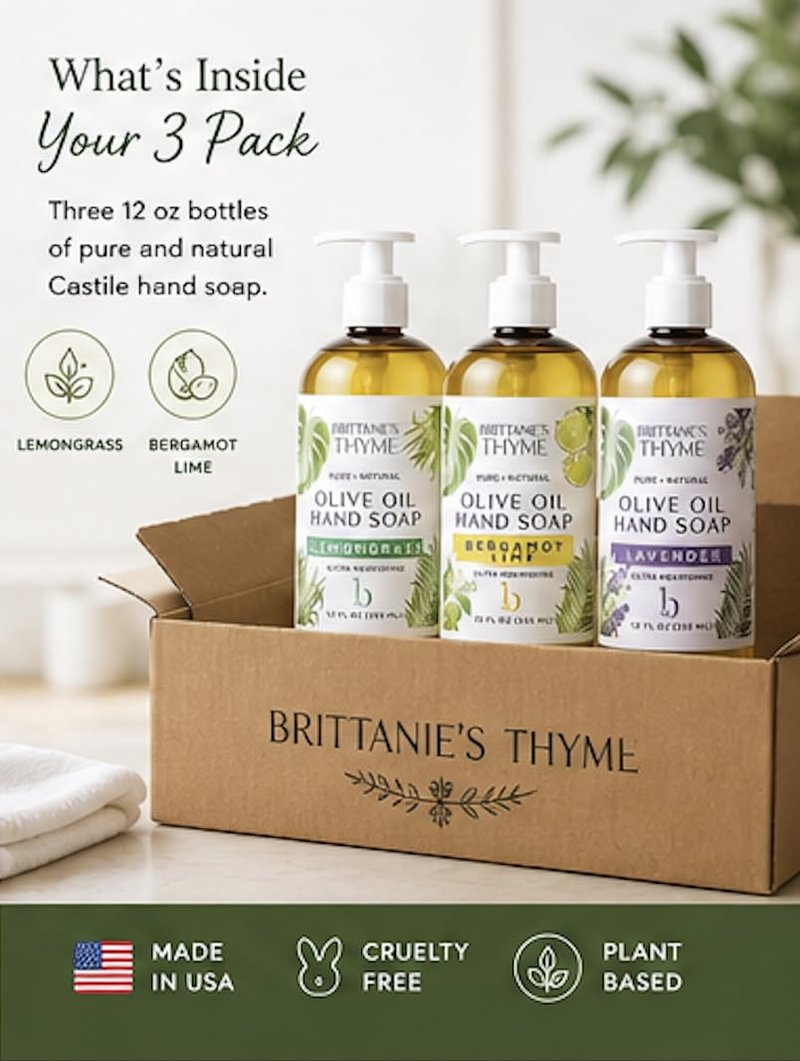 Brittanie's Pure Castile Liquid Hand Soap Refill - Bergamot, Lavender & Lemongrass | 12 Ounce Pack of 3 | Gentle Vegan Formula