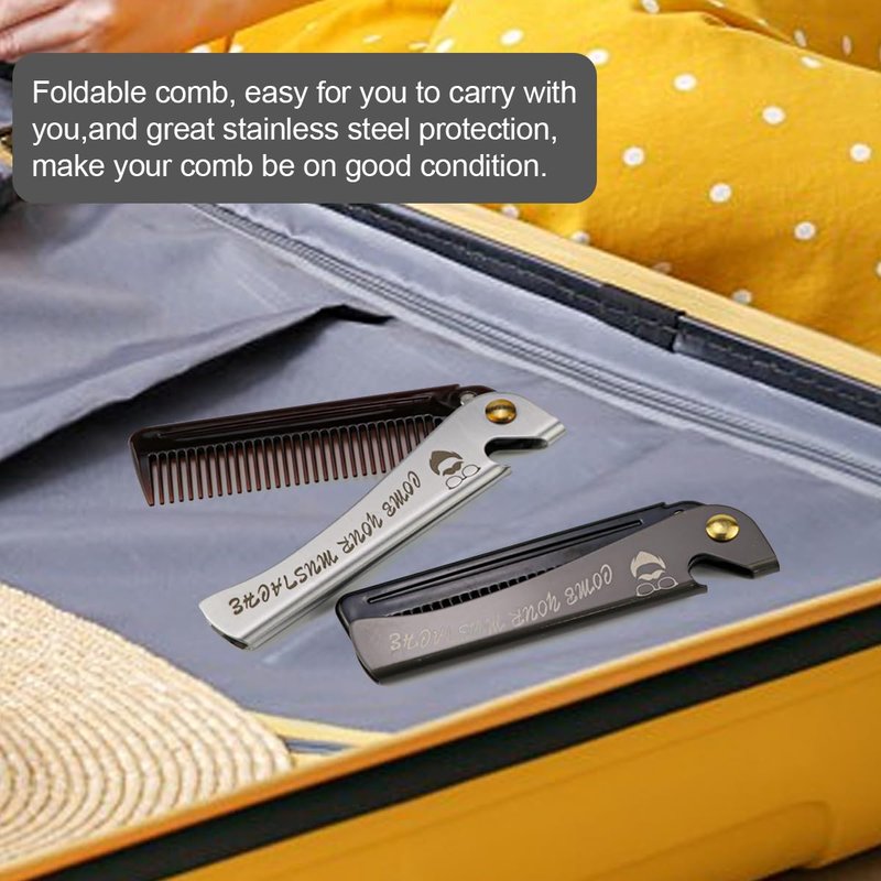 Foldable Stainless Steel 2 in 1 Pocket Comb and Bottle Opener - Folding Beard Comb for Men, 2 Pack