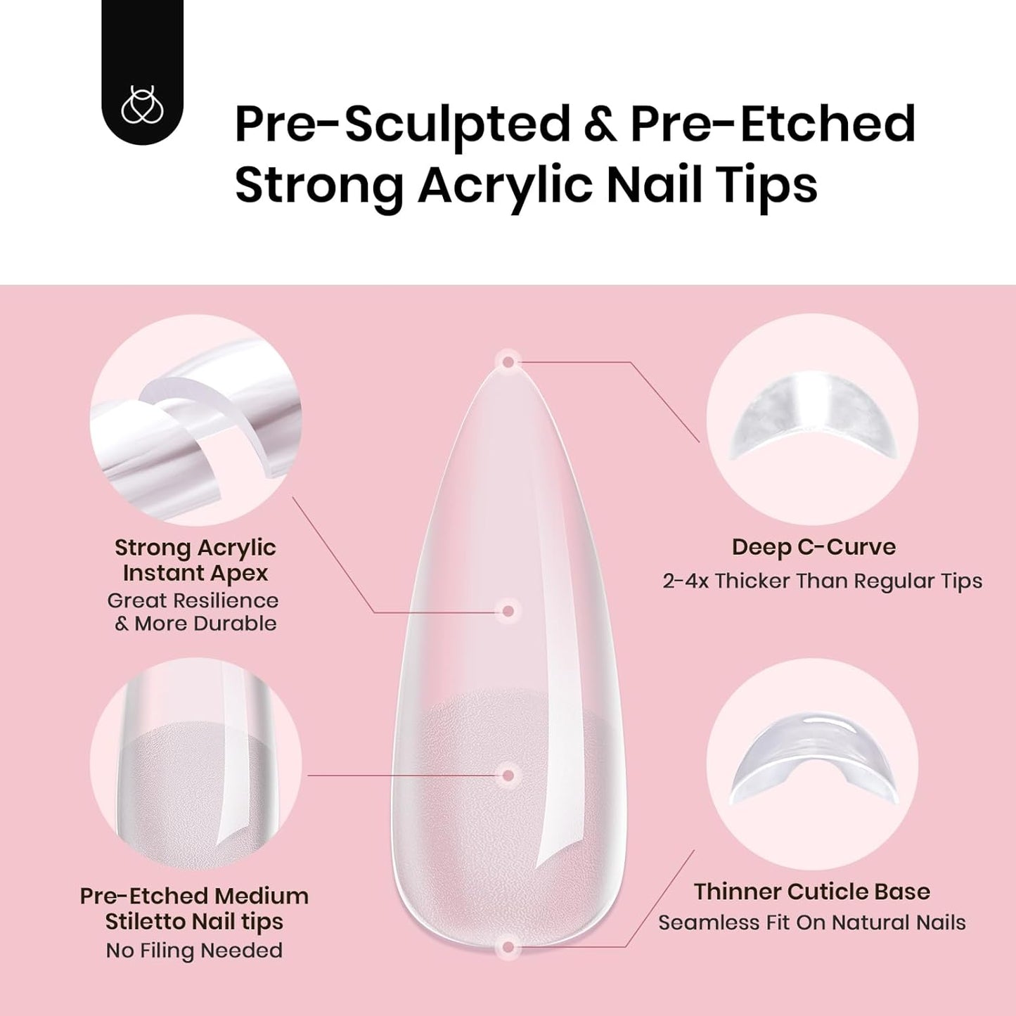 Beetles Instant Apex Nail Tips - Medium Stiletto Acrylic Extensions | 512pcs, 16 Sizes 00-14