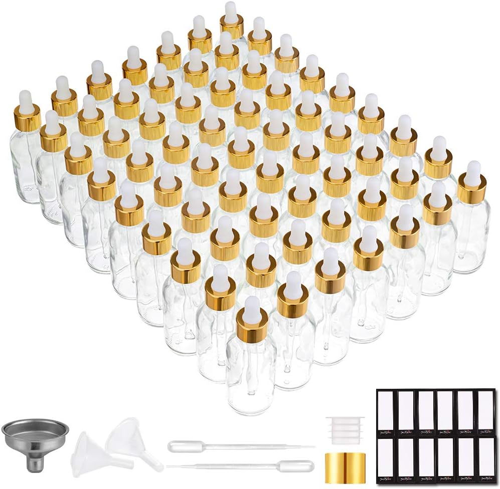 Glass Eye Dropper Bottles 2oz (60ml) - 63 Pack Clear Thick Bottles with Leakproof Golden Caps | Ideal for Essential Oils, DIY Serums, Travel