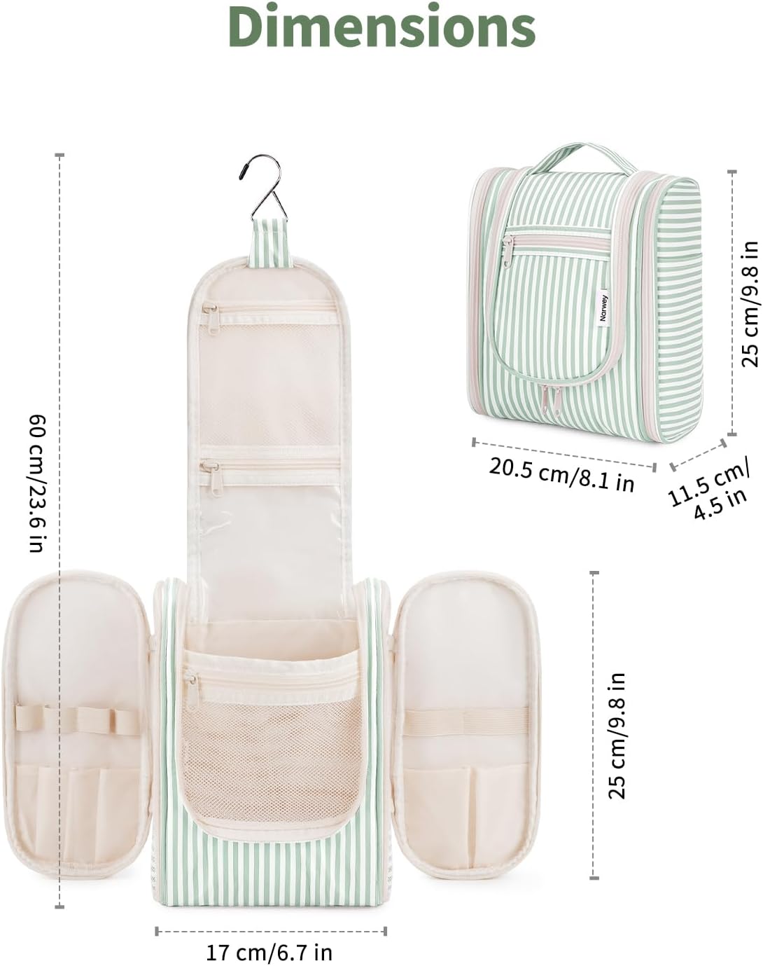 Narwey Travel Toiletry Bag - Small Striped Makeup Organizer for Women | Mint Green Stripe
