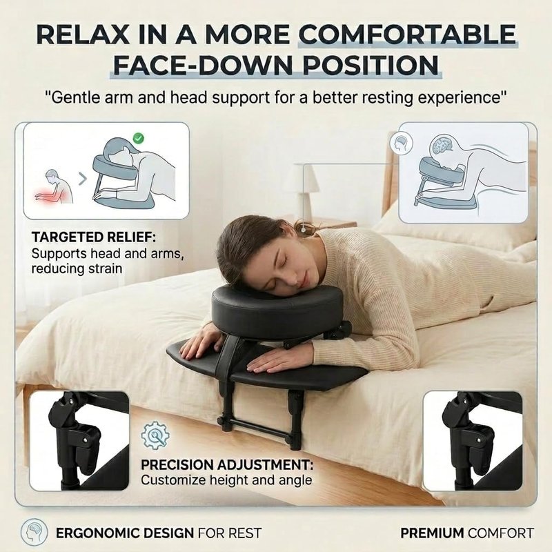 Adjustable Massage Headrest - Portable Face Cradle Pillow with Armrest | Fits 6"-17" Mattresses, Memory Foam - Black