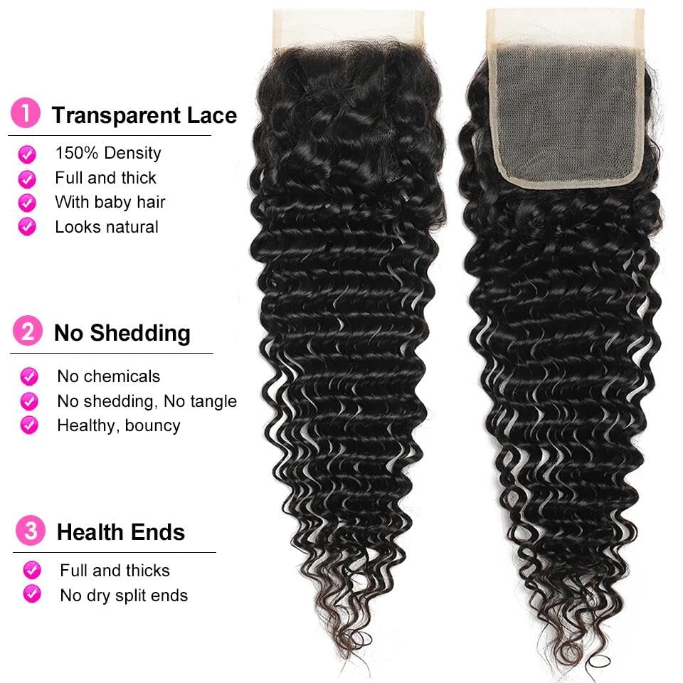 Deep Wave Human Hair Bundles - 12A Brazilian Virgin Hair Weave with 4x4 Lace Closure | Natural Black Color (26, 28, 30 + 22)
