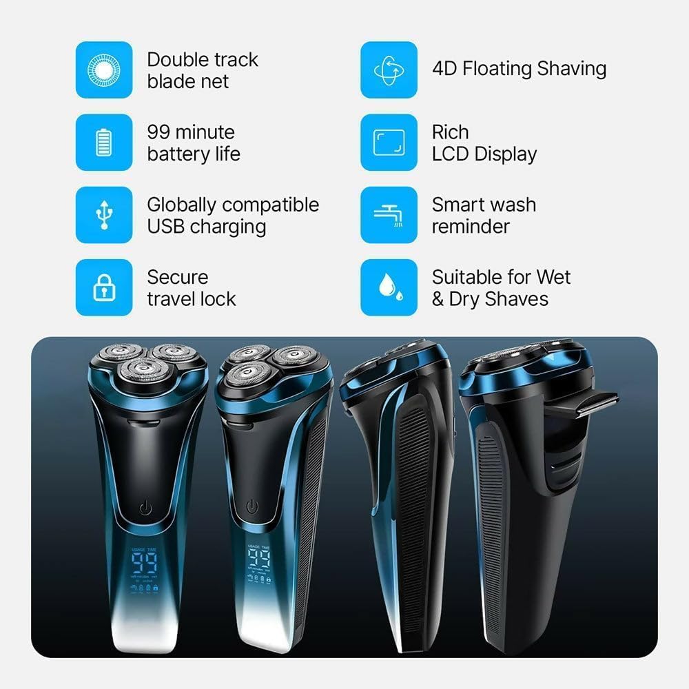 Electric Razor for Men - 4D Floating Head Rotary Shaver | IPX7 Waterproof, Fast Charging, LCD Display (Blue)