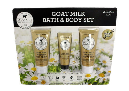 Dionis Goat Milk Bath & Body Set, 3 Piece Set, Includes 1 oz. (28 g) Body Lotion & 2 fl oz. (59mL) Whipped Body Scrub x2, Cruelty Free, Paraben & Sulfate Free, Dermatologist Tested (Vanilla Bean)