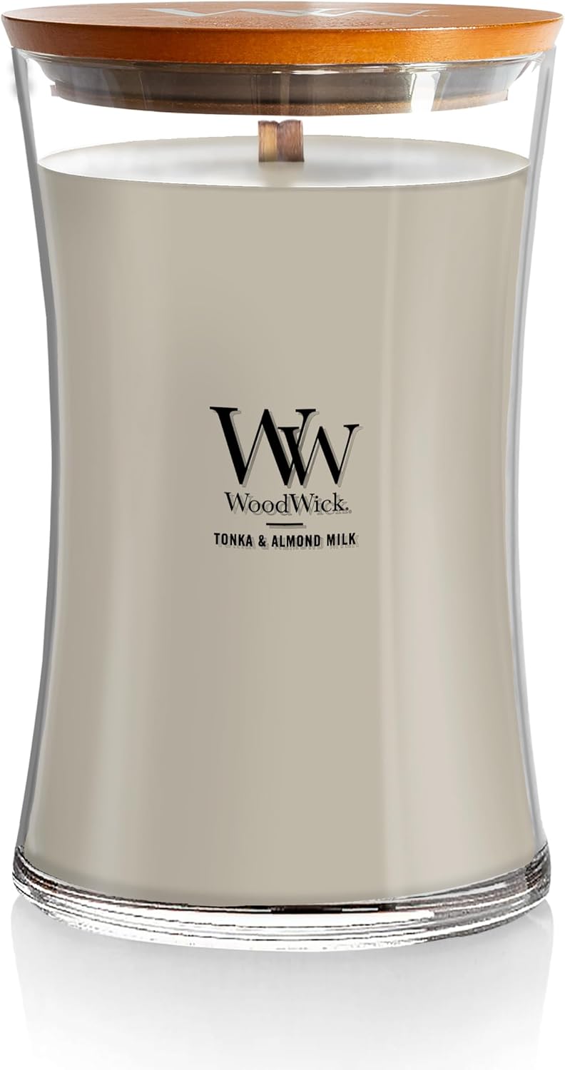 WoodWick Tonka & Almond Milk Candle - 9.7 oz Medium Hourglass with Crackling Wick | Perfect Gift for Men & Women
