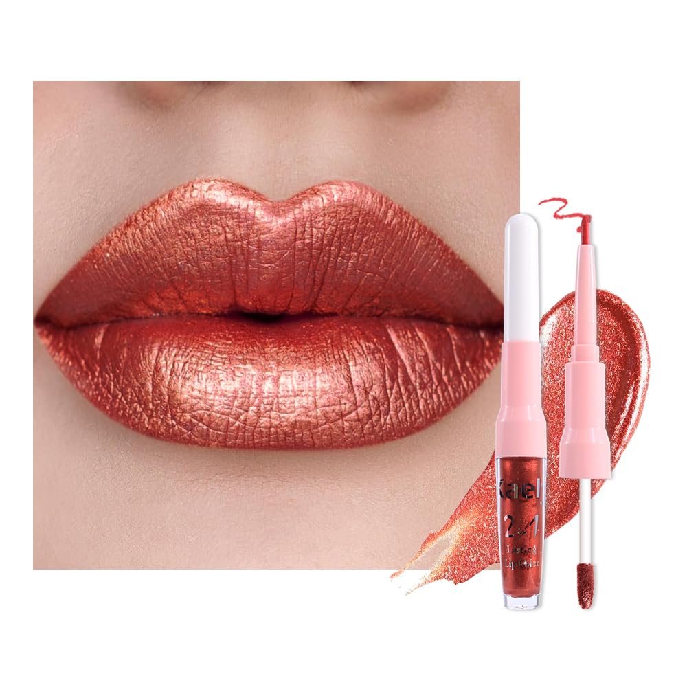Kaely 2-in-1 Mauve Metallic Lipstick and Lip Liner Makeup, Shimmer Liquid Metallic Lipsticks for Women, Glitter Lip Gloss Stain Long Lasting Waterproof Smudge Proof 24 Hour, Vegan & Cruelty-Free, 16