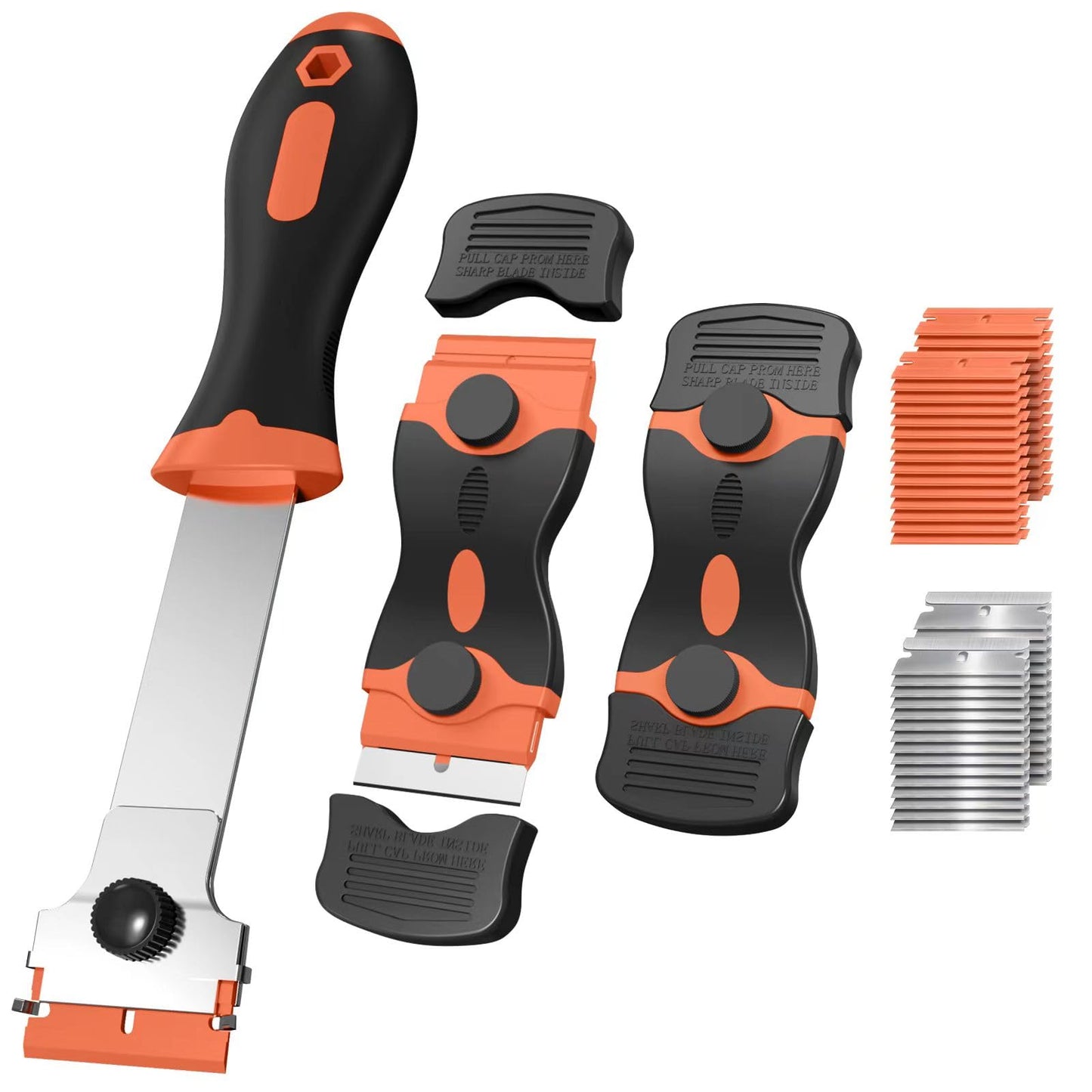 Ywmoml 3 Pack Razor Blade Scraper Set, Includes 30 Plastic & 30 Metal Blades, Multi-Purpose Tool for Glass, Cooktop, Sticker Removal, Paint & Gum Cleaning (Orange)