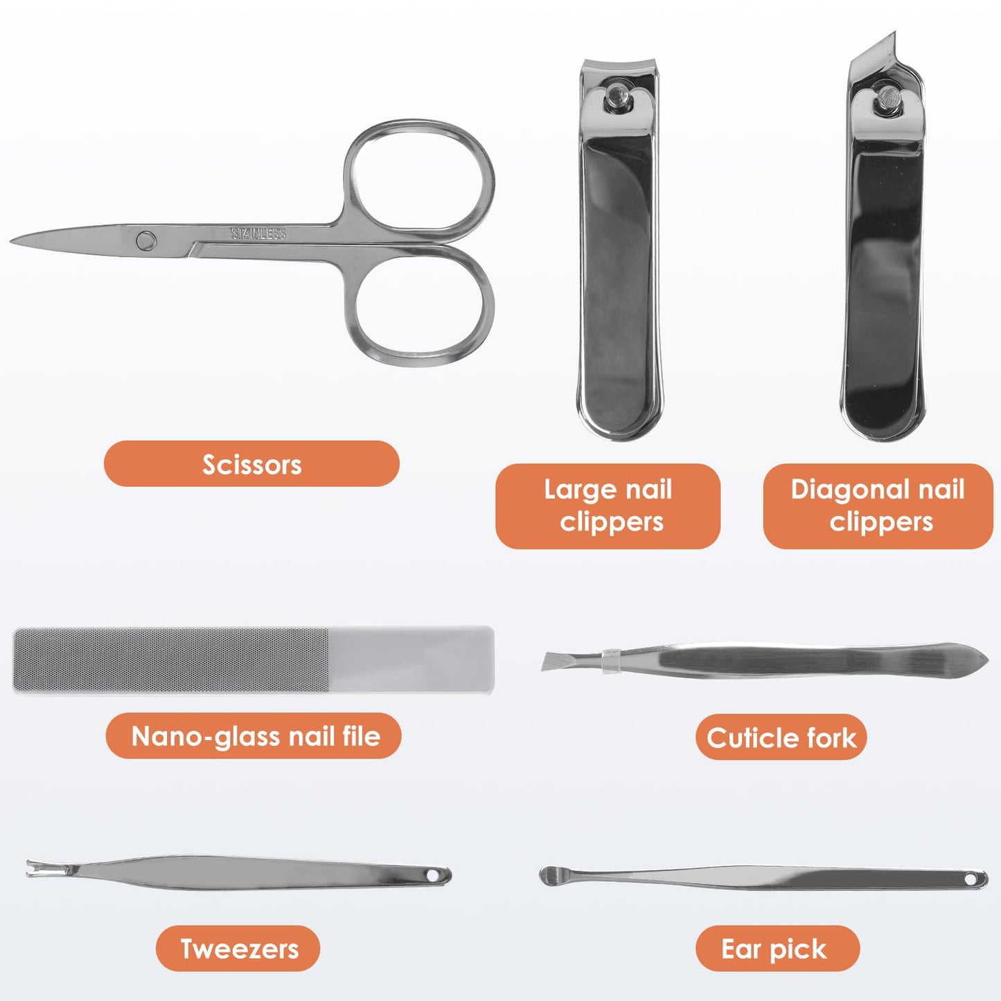 Manicure Set 7 in 1 Stainless Steel, Nail Clippers Scissors Pedicure Tools Kit, Portable Travel Grooming Kit for Men and Women with Leather Case