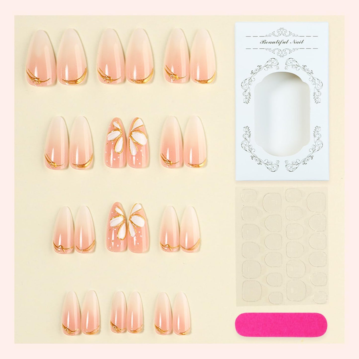 Flower Press On Nails - Medium Almond False Nails with White Gradient Design | Reusable Glossy Acrylic for Women