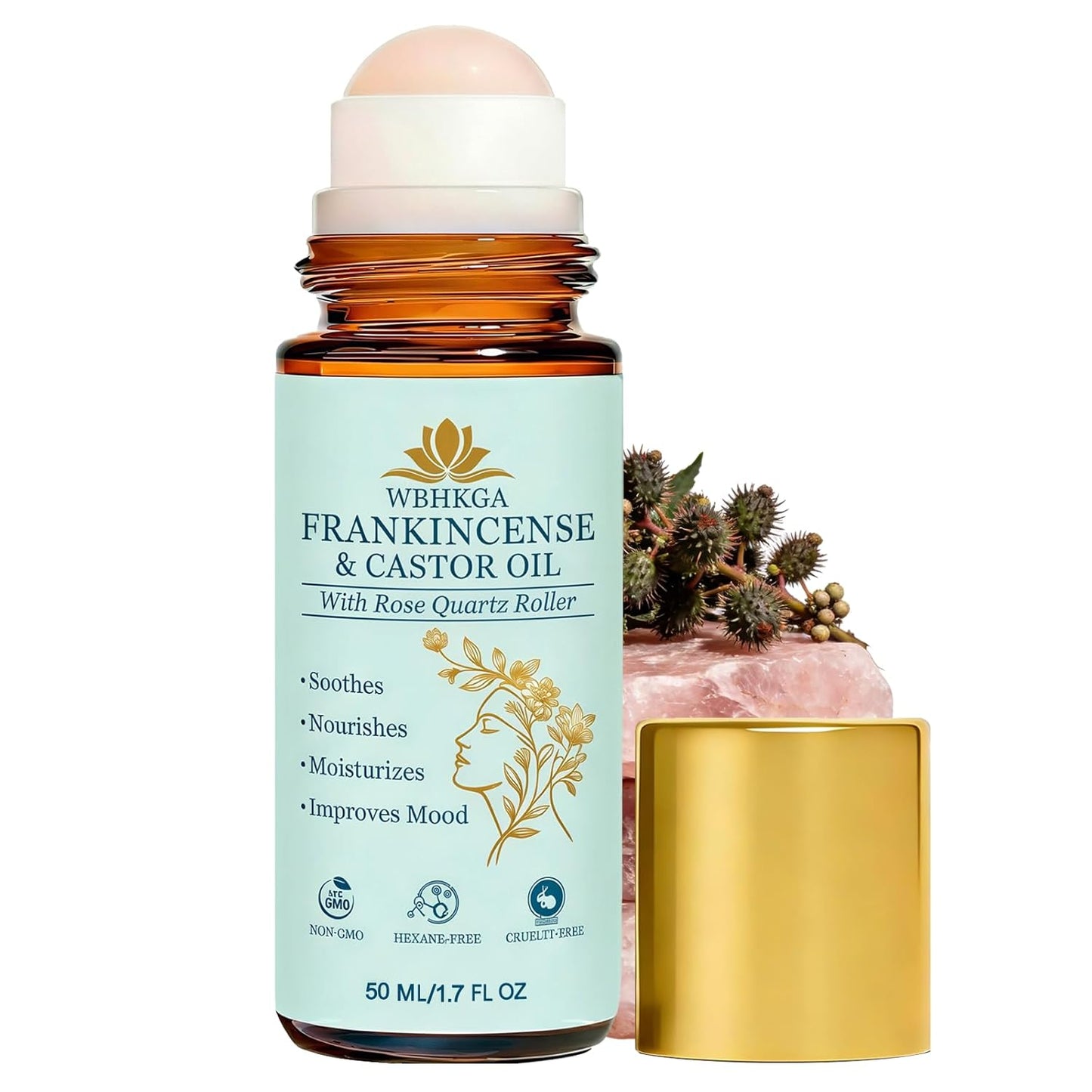 Real Rose Quartz Eye Roller - Castor Oil & Frankincense Serum for Dark Circles, Fine Lines | 50ml / 1.7 fl. oz.