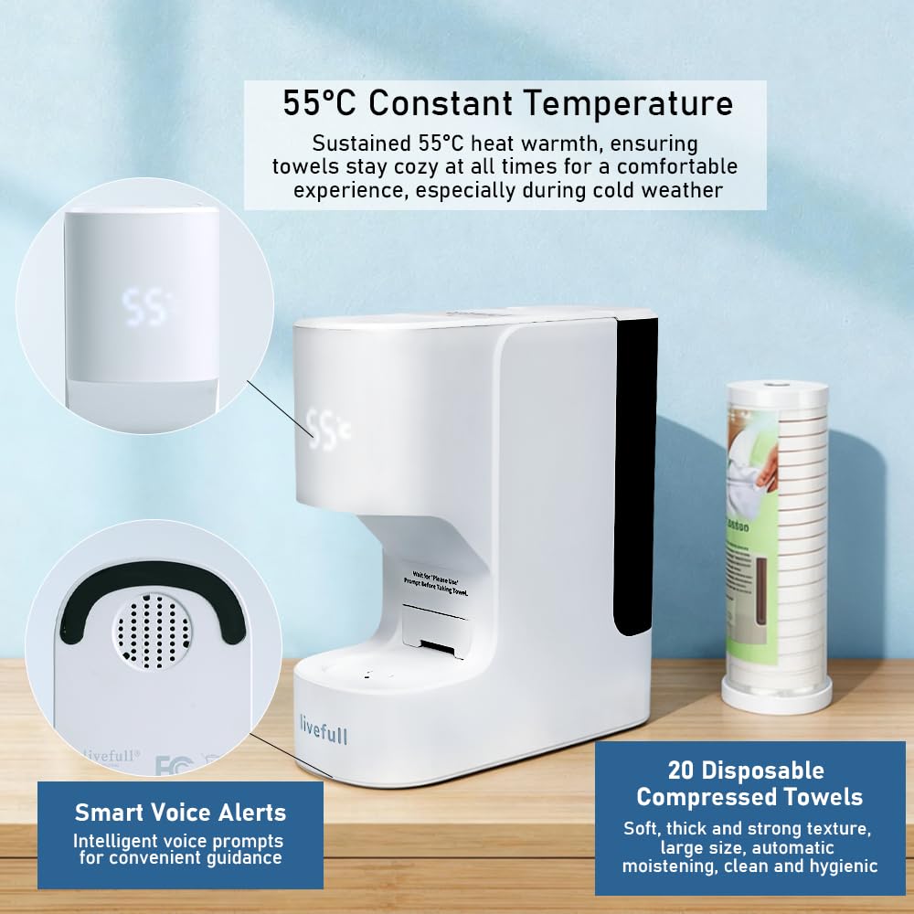 Towel Warmer Machine - Hot Face Towel Heater with Smart Voice Alerts | 55°C Constant Temperature, 20 Compressed Towels, White