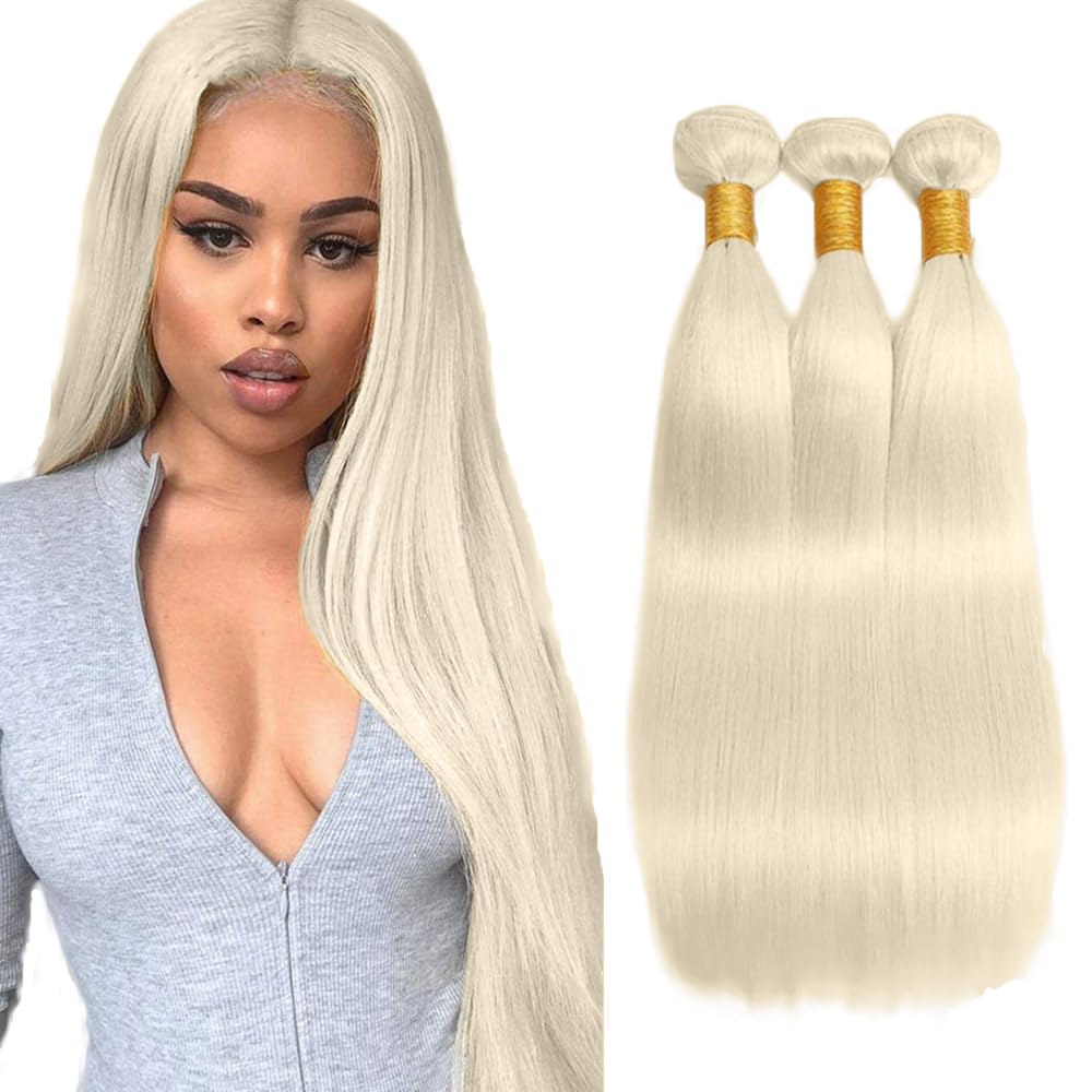 28 30 32 Inch #88 Platinum Blonde Bundles Straight Bundles Human Hair Platinum Blonde Straight Bundle Unprocessed Brazilian Virgin Weave Hair 3 Bundle 50 Gram Per Bundle for Black Women