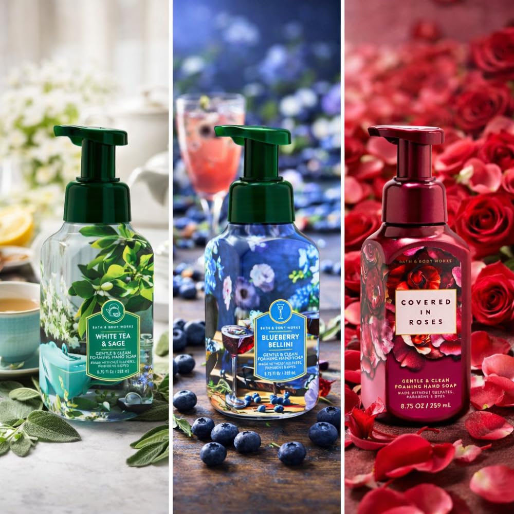 Gentle & Clean Foaming Hand Soap Bundle - White Tea & Sage, Blueberry Bellini, Covered in Roses | 8.75 fl oz Each - Fresh Fruity & Floral Scents