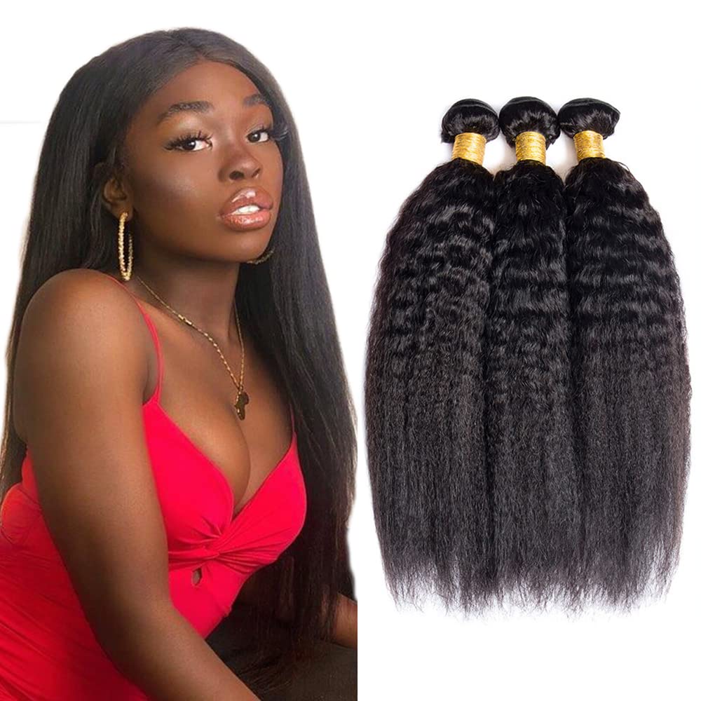 Kinky Straight Bundles Human Hair 1B Yaki Bundles Natural Black 22 22 22 inch Double Weft Yaki Straight Human Hair Weave