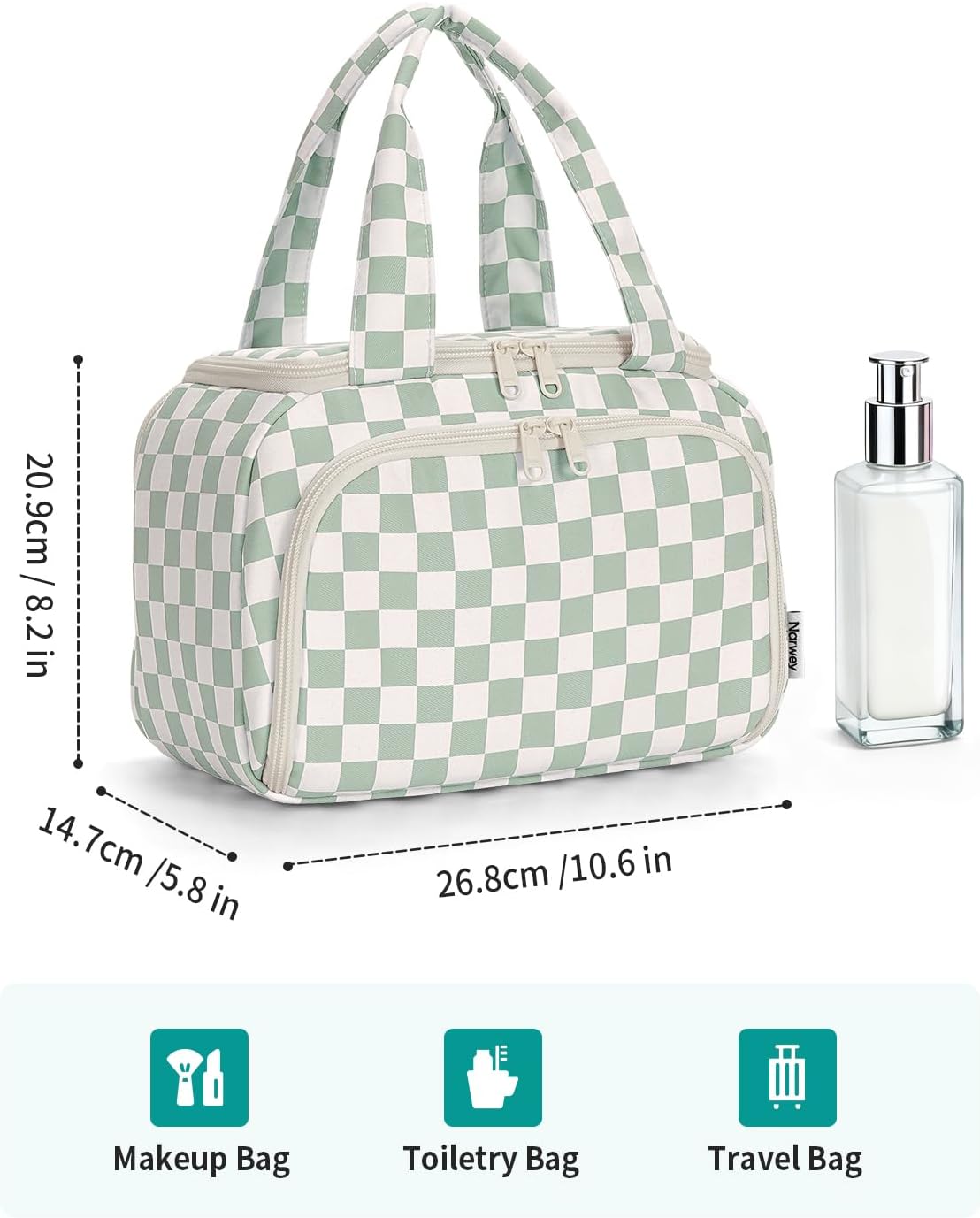 Checkered Travel Toiletry Bag - Large Makeup Organizer with Handle | Mint Green Checkerboard