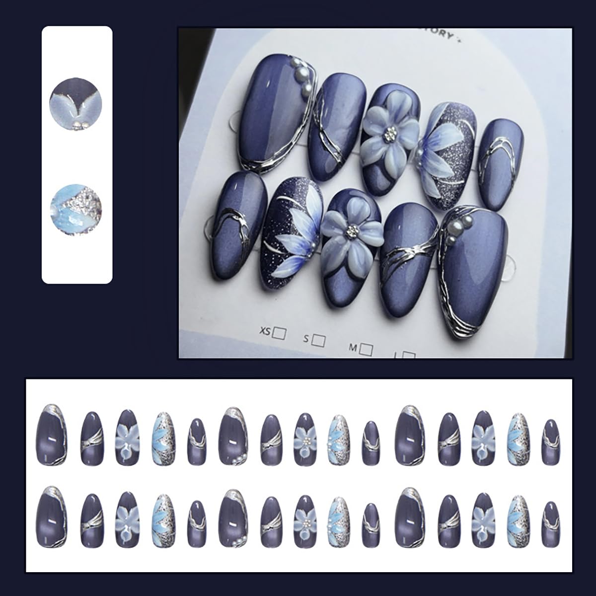 Almond Press-On Nails - 30Pcs Medium Flower Design with 3D Pearls | Dark Purple French Tips for DIY Manicure