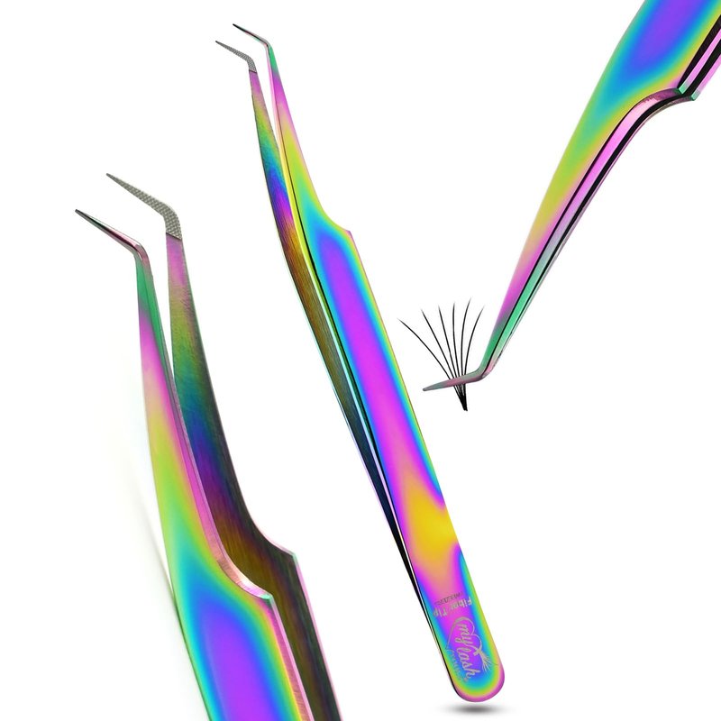 Fiber Tip Lash Tweezer for Eyelash Extensions – Curved 45 Degree Volume Tweezers for Women, Precision Stainless Steel, Professional Non Slip Grip for Classic, Volume & Mega Volume Fans (Rainbow)