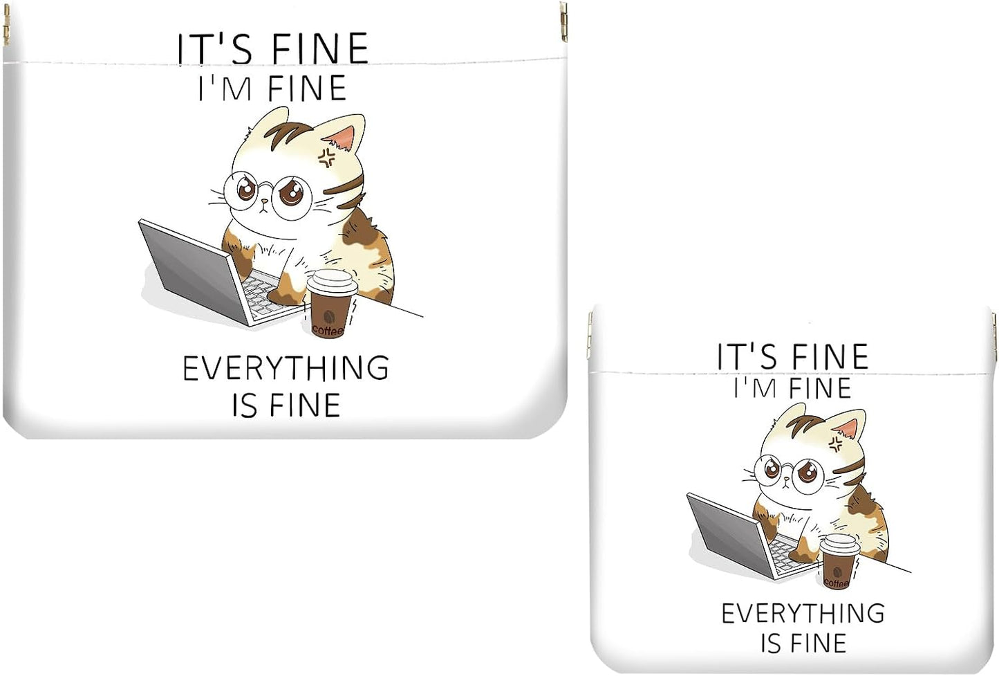 Makeup Bag Set - 2 PCS PU Leather Self-Closing Cosmetic Organizer | Portable Travel Pouch for Women - Angry Cat Design