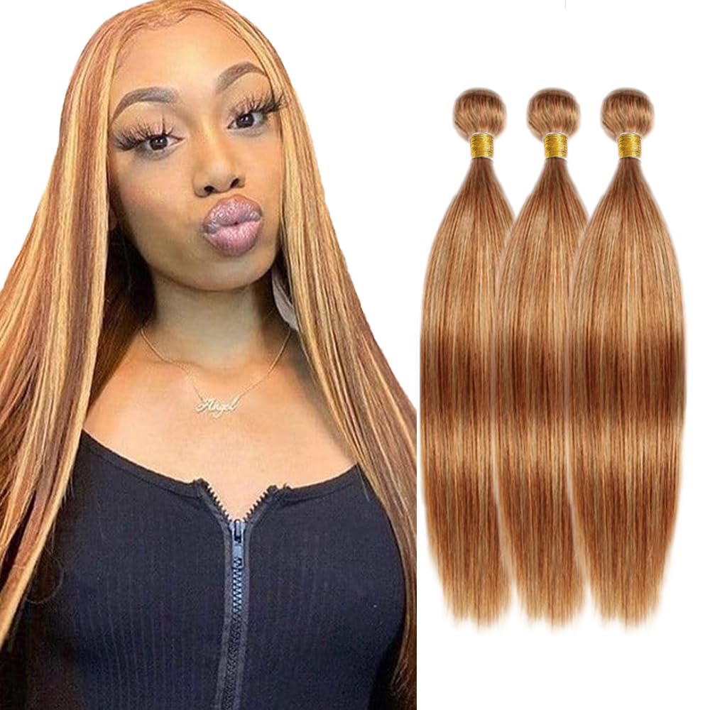 28 30 32 Inch P27/30 Human Hair Bundles Honey Brown Straight Bundles 8A Brazilian Virgin Remy 3 Bundles Double Weft Soft Real Highlight Hair Extensions
