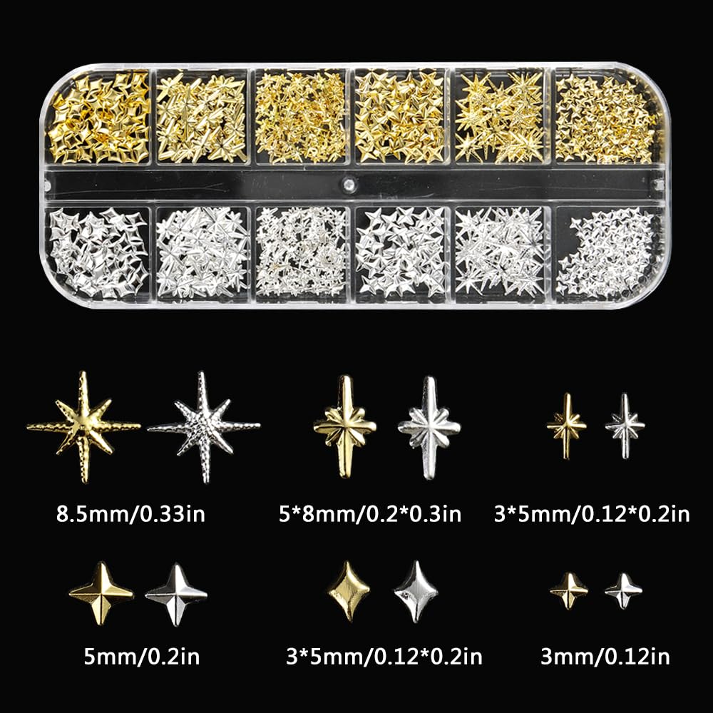 3D Star Metal Nail Art Charms, Mixed Styles Gold Silver Star Alloy Nail Rivets Jewelry Metallic Studs Rhinestones Star Manicure Decorations for Women Girls Nails Supplies DIY Crafts