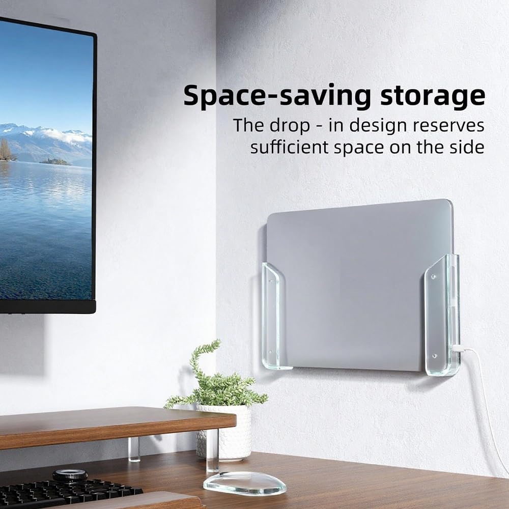 Laptop Wall Mount, Wall and Under Desk Laptop Mount Holder Space-Saving with Adhesive and Screws, Universal for Macbooks, Surface, Keyboards, Tablets, Switch & More, Office Desk Accessories
