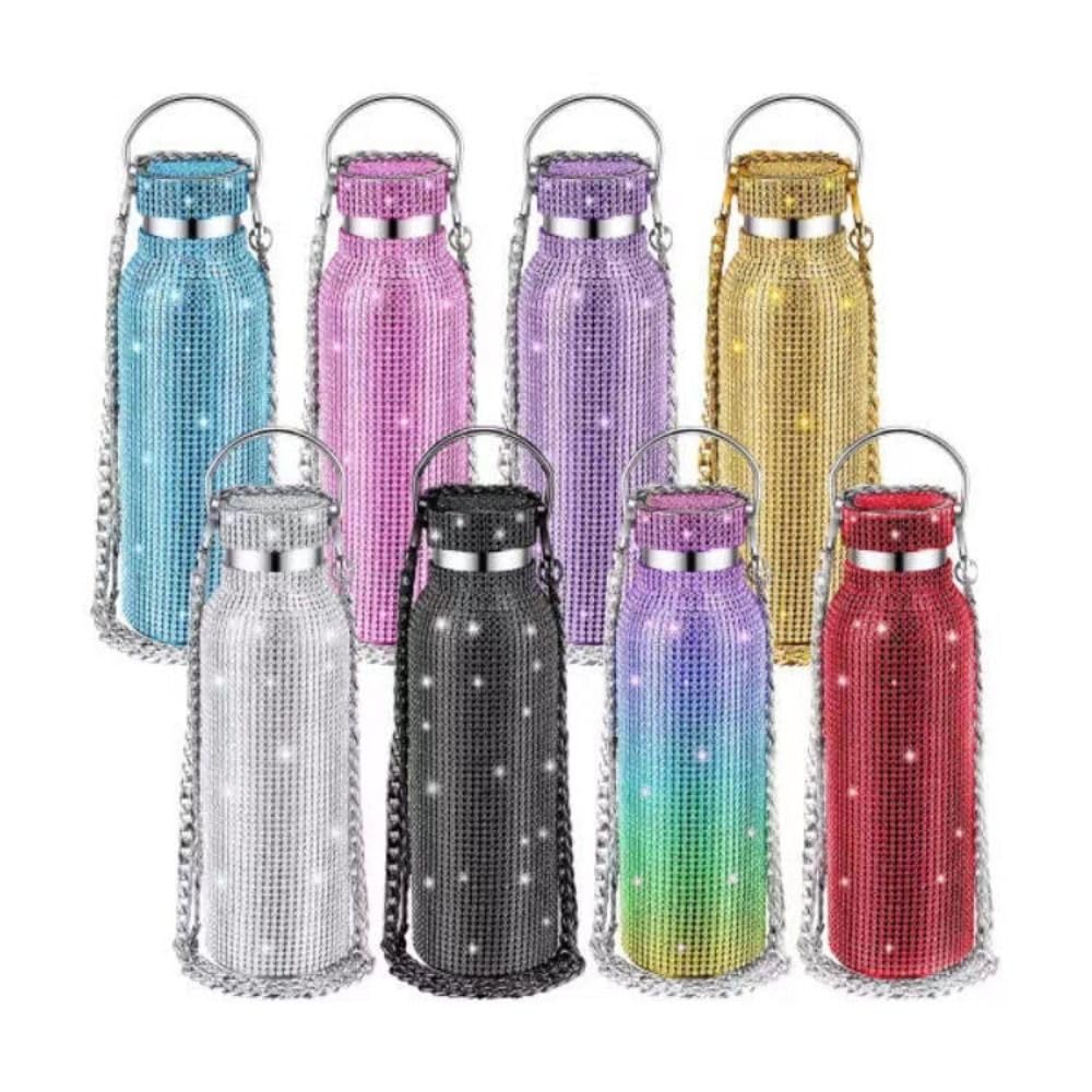 Rhinestones Water Bottle Rhinestone Water Bottle Glitter Tumbler, Thermal with Chain Bling Cups ﻿(350ml,Purple)