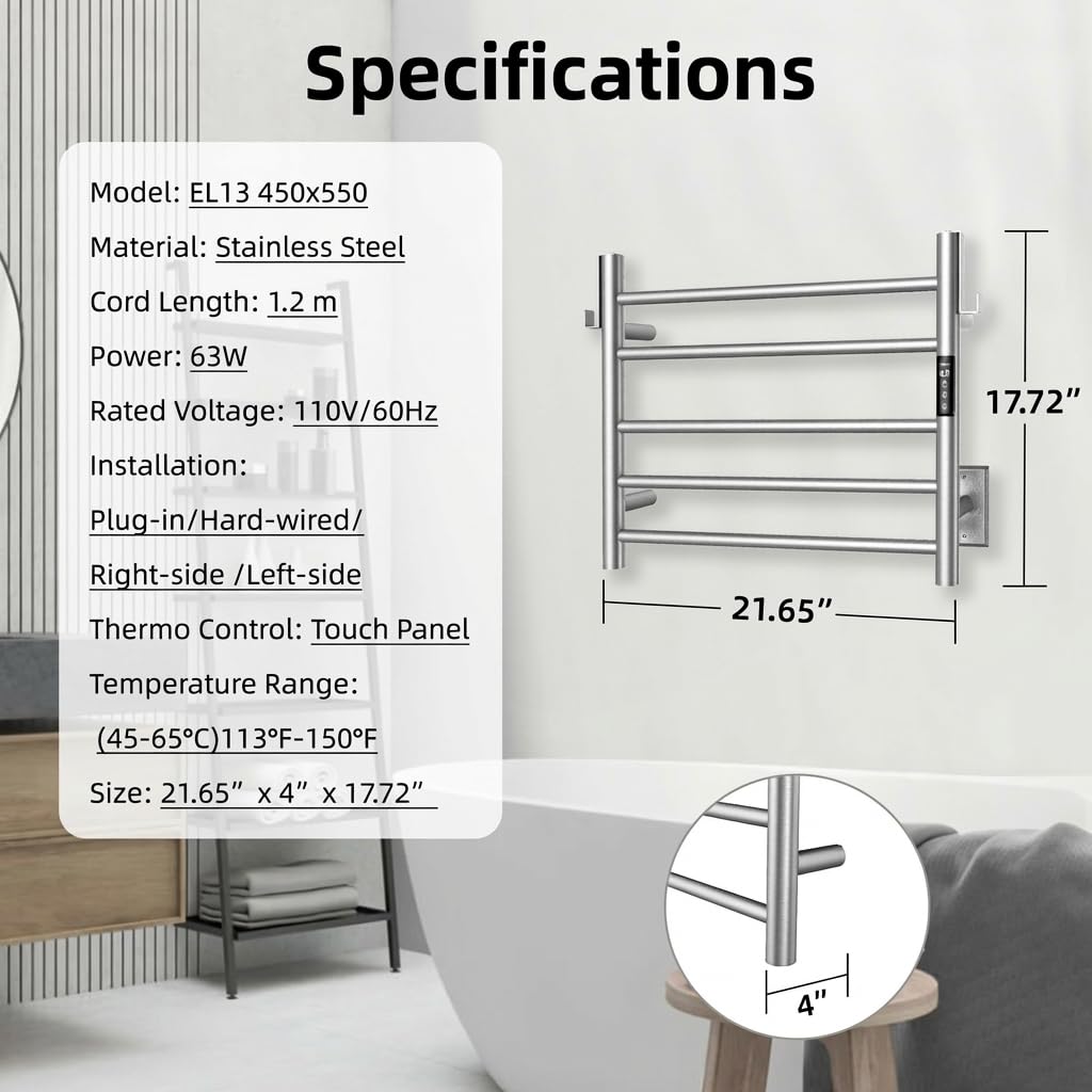 P&Dlusir EL13 Heated Towel Rack, Brushed, 5 Bar