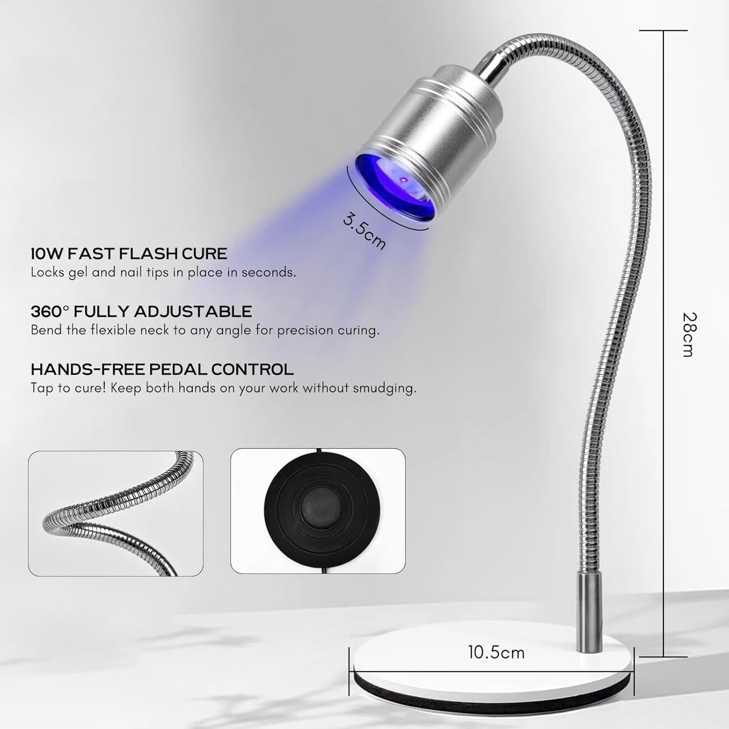 Professional Hands-Free UV LED Nail Lamp - 360° Flexible Gooseneck with Foot Pedal | Heavy Duty, USB Powered for Nail Extensions & 3D Art